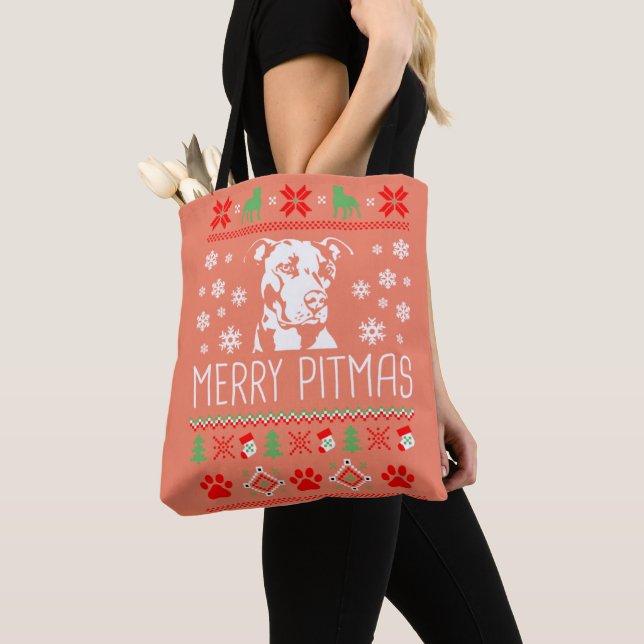 Pitbull Christmas Lovers Merry Pitmas Ugly Christm Tote Bag (Close Up)