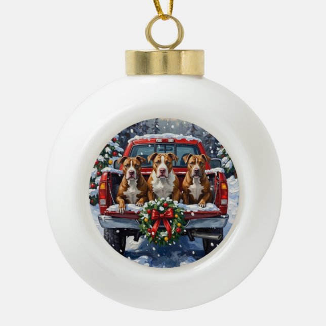 Pitbull Christmas Red Truck Holiday Ceramic Ball Christmas Ornament (Front)