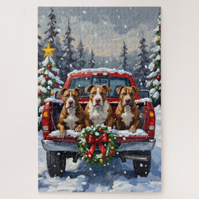 Pitbull Christmas Red Truck Holiday Jigsaw Puzzle (Vertical)