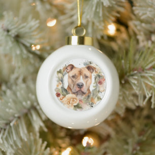 Pitbull Christmas Wreath Festive Pup Ceramic Ball Christmas Ornament