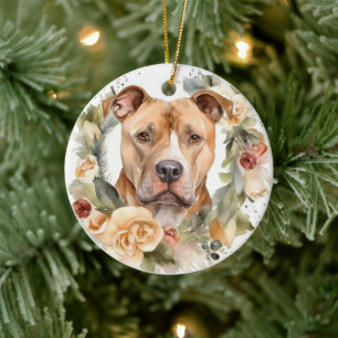 Pitbull Christmas Wreath Festive Pup Ceramic Ornament