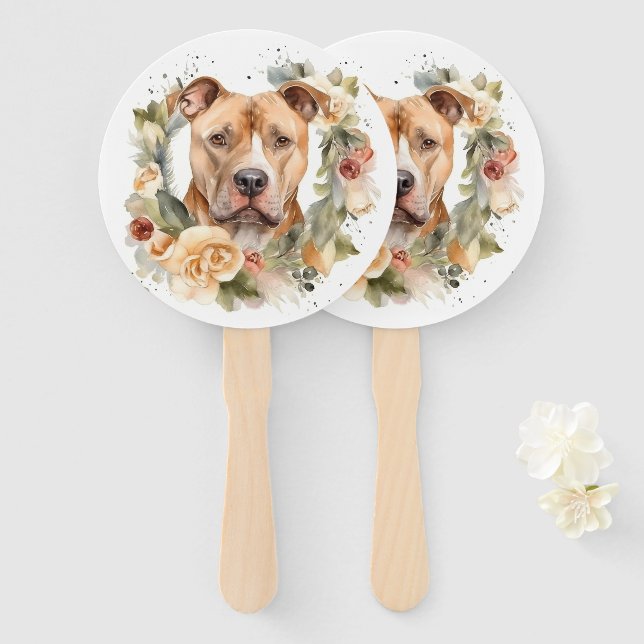 Pitbull Christmas Wreath Festive Pup Hand Fan (Front and Back)