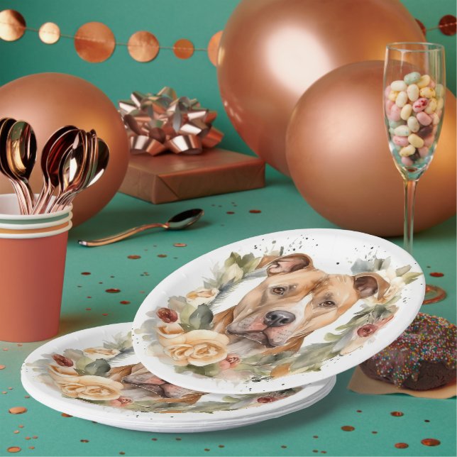 Pitbull Christmas Wreath Festive Pup Paper Plate (Multi)