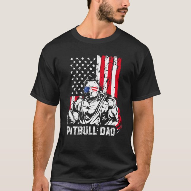 Pitbull Dad Muscle Pet Dog American Flag 4th Of Ju T-Shirt (Front)