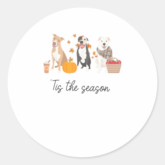 Pitbull Dog Autumn Fall Thanksgiving Tis The Seaso Classic Round Sticker (Front)