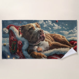 Pitbull Dog Christmas Festive Beach Towel