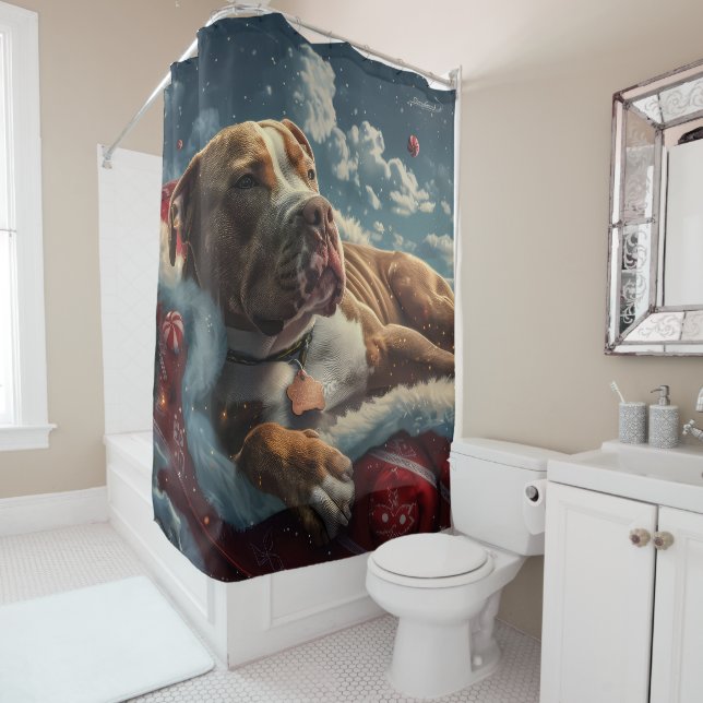 Pitbull Dog Christmas Festive Shower Curtain (In Situ)