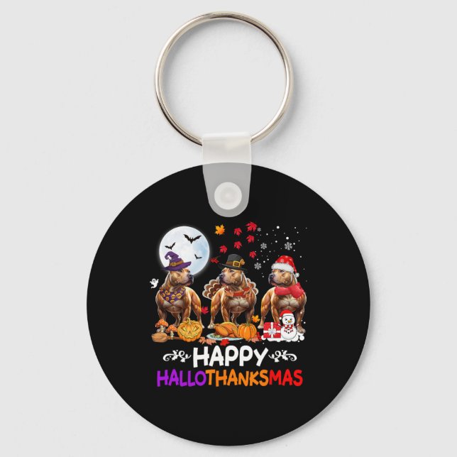 Pitbull Dog Christmas Happy Hallothankmas Thanksgi Key Ring (Front)