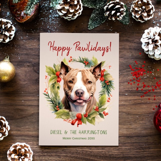 Pitbull Dog Christmas Happy Pawlidays Howlidays Holiday Card (Creator Uploaded)