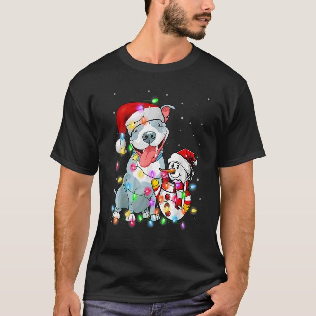 Pitbull Dog Christmas Snowman Xmas Lights Pajama 1 T-Shirt (Front)