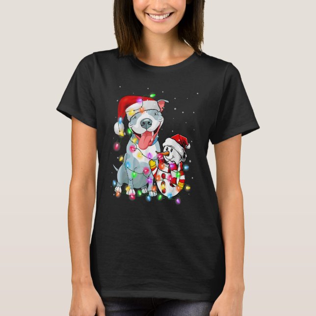 Pitbull Dog Christmas Snowman Xmas Lights Pajama T-Shirt (Front)