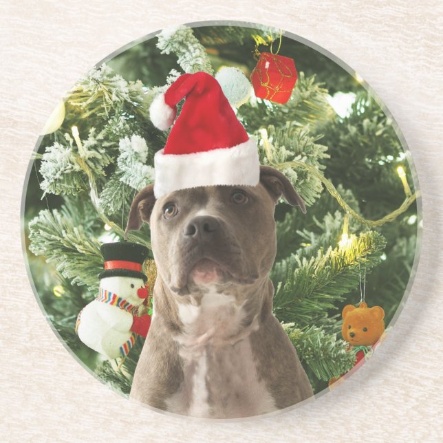 Pitbull Dog Christmas Tree Ornaments Snowman Coaster (Front)