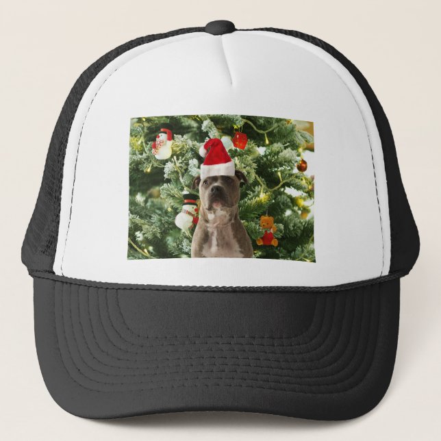 Pitbull Dog Christmas Tree Ornaments Snowman Trucker Hat (Front)