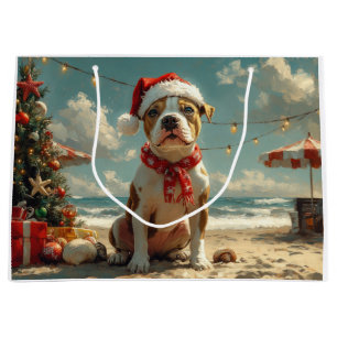 Pitbull Dog Christmas Vintage Beach  Large Gift Bag