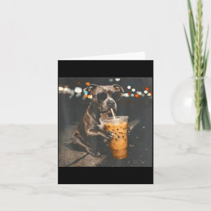 Pitbull Dog Drinking Iced Coffee with Sunglasses Card