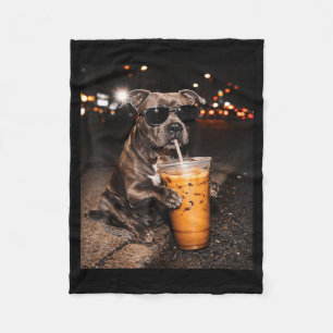 Pitbull Dog Drinking Iced Coffee with Sunglasses Fleece Blanket