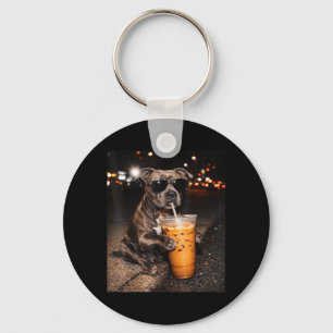 Pitbull Dog Drinking Iced Coffee with Sunglasses Key Ring