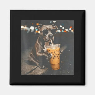Pitbull Dog Drinking Iced Coffee with Sunglasses Magnet