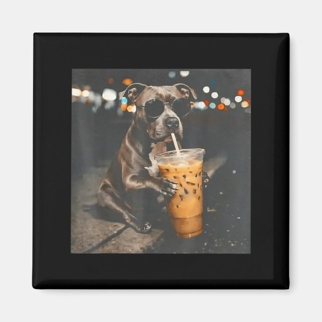 Pitbull Dog Drinking Iced Coffee with Sunglasses Magnet (Front)