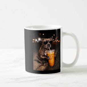Pitbull dog drinking iced coffee with sunglasses mug