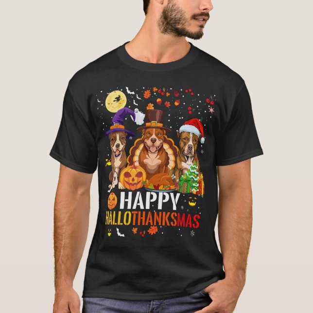 Pitbull Dog Hallothanksmas Halloween Thanksgiving  T-Shirt (Front)