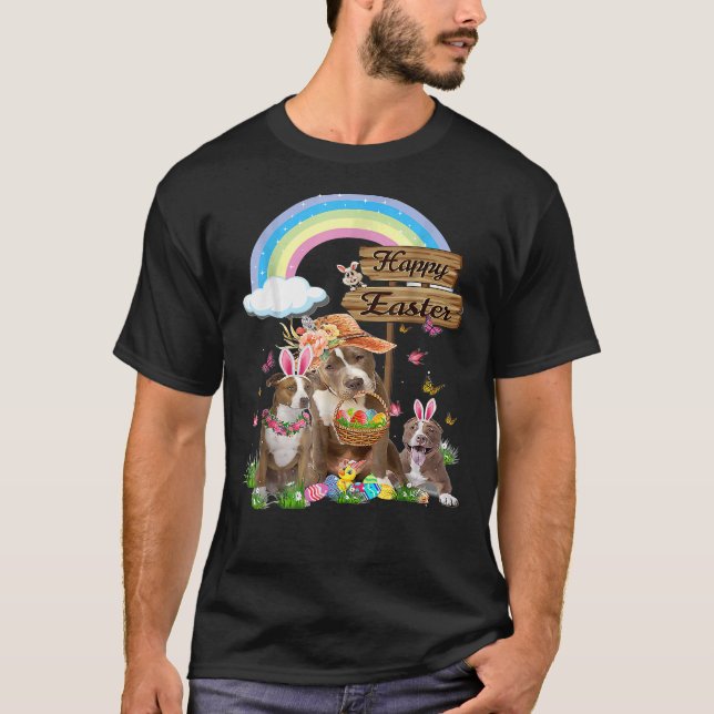 Pitbull Dog Happy Easter Bunny Eggs Easter T-Shirt (Front)