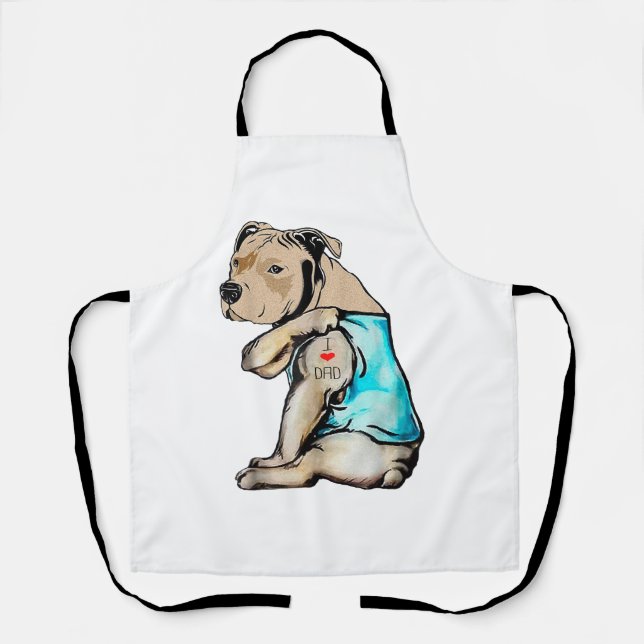 Pitbull Dog I Love Dad Tattoo Funny Family Apron (Front)