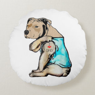 Pitbull Dog I Love Dad Tattoo Funny Family Round Cushion