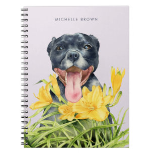 Pitbull Dog in a Garden Watercolor   Add Your Name Notebook