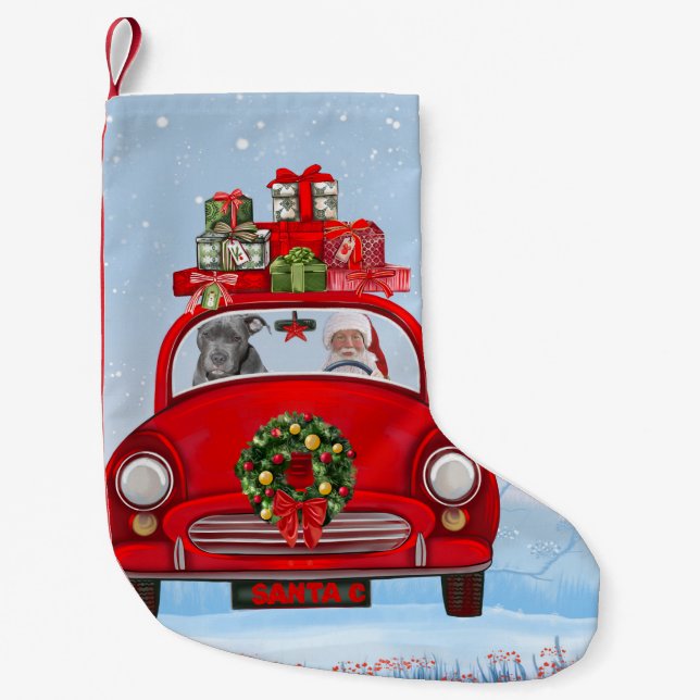 Pitbull Dog In Car With Santa Claus  Small Christmas Stocking (Front)