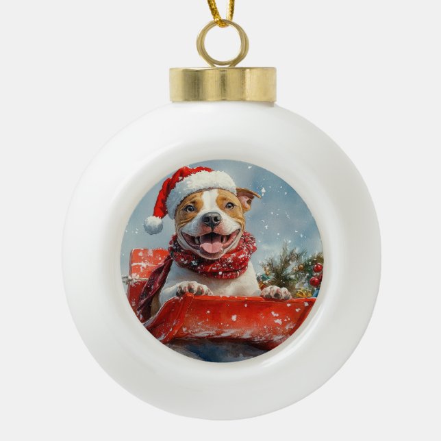 Pitbull Dog in Sledge Let it Snow Christmas Ceramic Ball Christmas Ornament (Front)