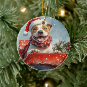 Pitbull Dog in Sledge Let it Snow Christmas Ceramic Ornament
