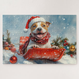 Pitbull Dog in Sledge Let it Snow Christmas Jigsaw Puzzle
