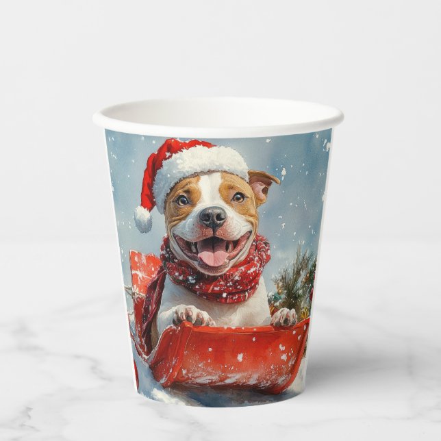 Pitbull Dog in Sledge Let it Snow Christmas Paper Cups (Front)