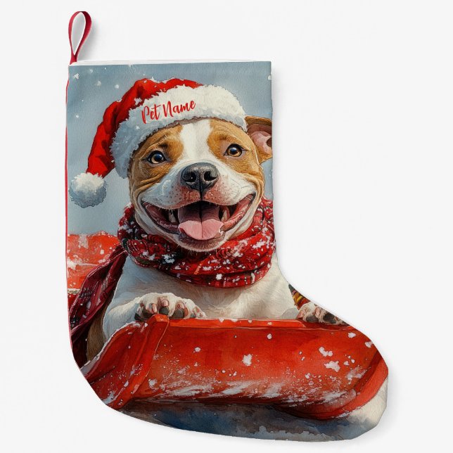 Pitbull Dog in Sledge Let it Snow Christmas Small Christmas Stocking (Front)