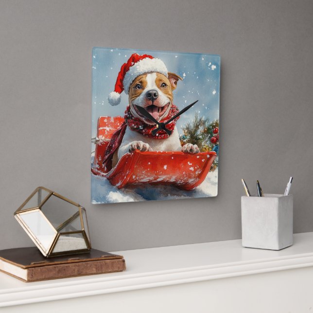 Pitbull Dog in Sledge Let it Snow Christmas Square Wall Clock (Office)