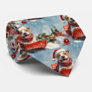 Pitbull Dog in Sledge Let it Snow Christmas Tie