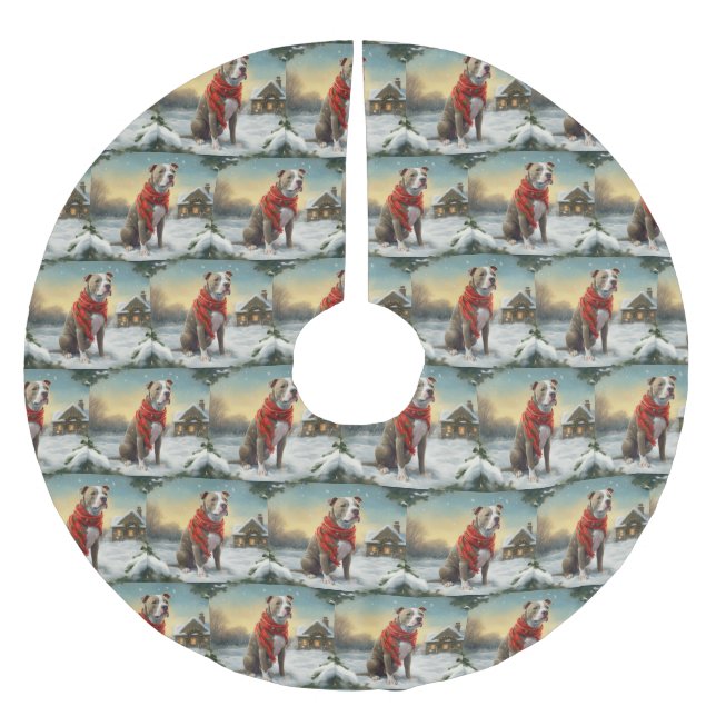Pitbull Dog in Snow Christmas Brushed Polyester Tree Skirt (Front)