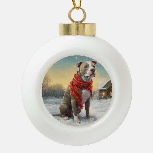 Pitbull Dog in Snow Christmas Ceramic Ball Christmas Ornament (Front)