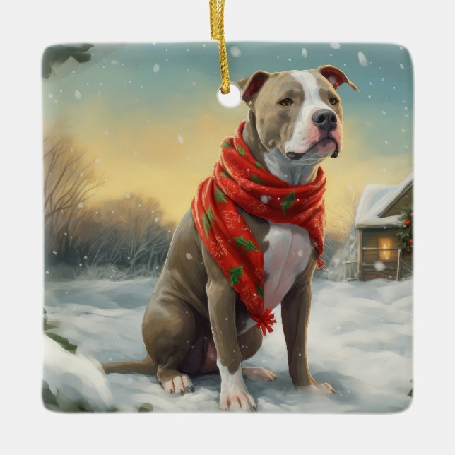 Pitbull Dog in Snow Christmas Ceramic Ornament (Front)
