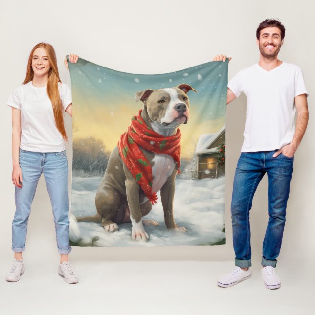 Pitbull Dog in Snow Christmas Fleece Blanket (In Situ)