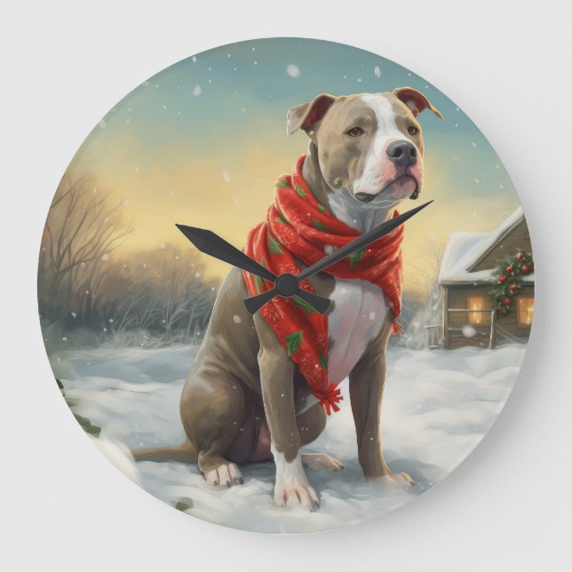 Pitbull Dog in Snow Christmas Large Clock (Front)