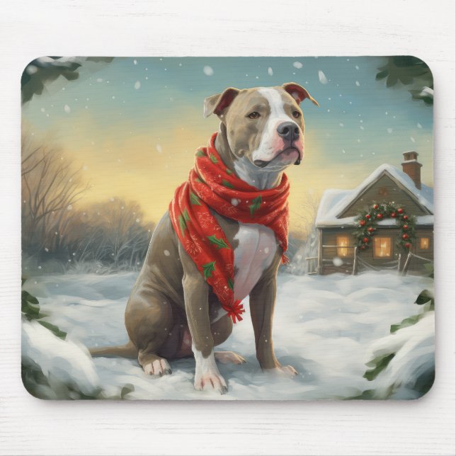 Pitbull Dog in Snow Christmas Mouse Pad (Front)