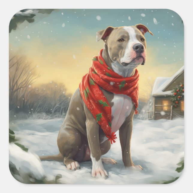 Pitbull Dog in Snow Christmas Square Sticker (Front)