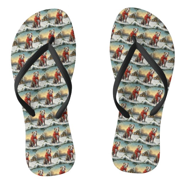 Pitbull Dog in Snow Christmas Thongs (Footbed)