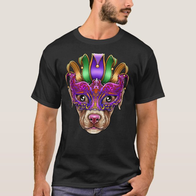Pitbull Dog Mardi Gras Mask Jester Hat Pit Bull Pu T-Shirt (Front)