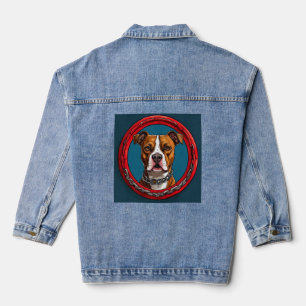 Pitbull Dog on a blue background with chains Denim Jacket