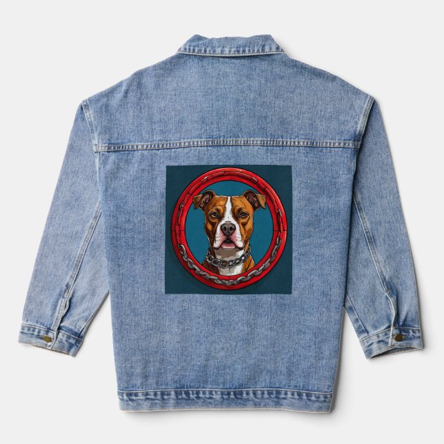 Pitbull Dog on a blue background with chains Denim Jacket (Back)