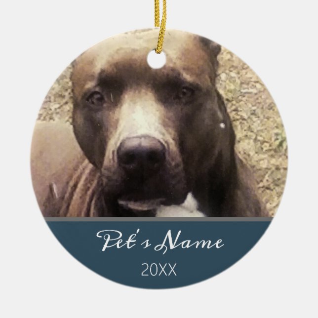 Pitbull Dog Pet Photo Blue Christmas Personalised  Ceramic Ornament (Front)