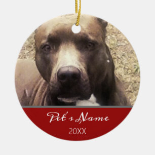 Pitbull Dog Pet Photo Monogram Red Christmas Name Ceramic Ornament